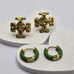 Tory Burch Roxanne Green Stud and Huggies Hoop Earrings Set